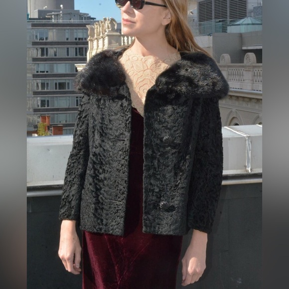 Vintage Jackets & Blazers - Vintage 1960s Persian Lamb Cropped Coat with Mink Collar